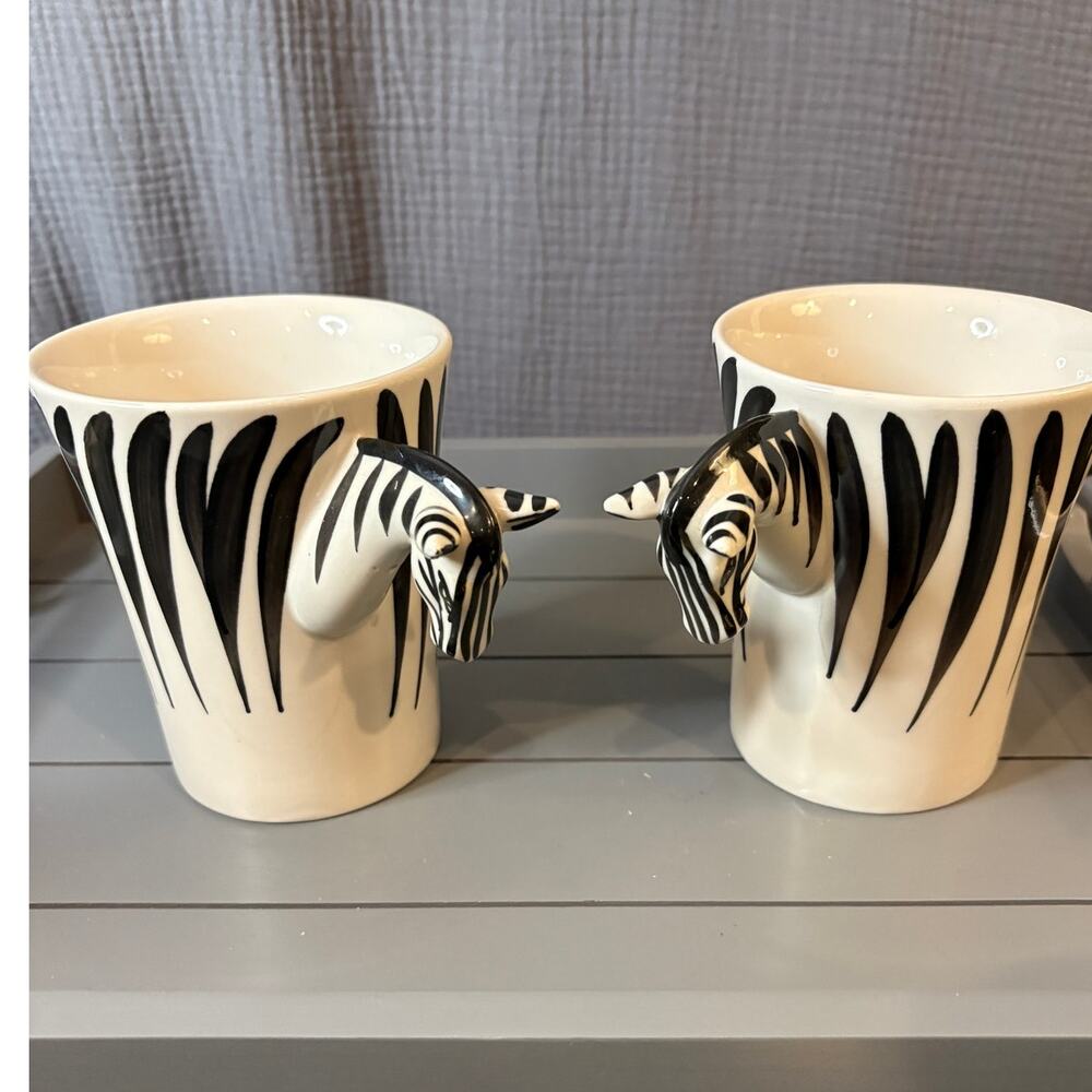 2 Pier 1 Imports Zebra Coffee Stoneware Mugs 3D Head Handle